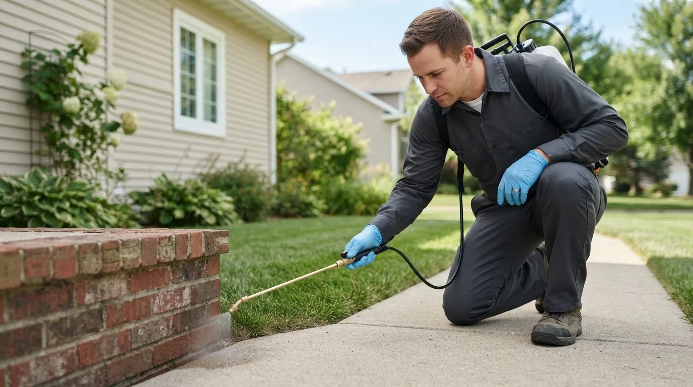 Pest control technician treating a home near Jet, OK