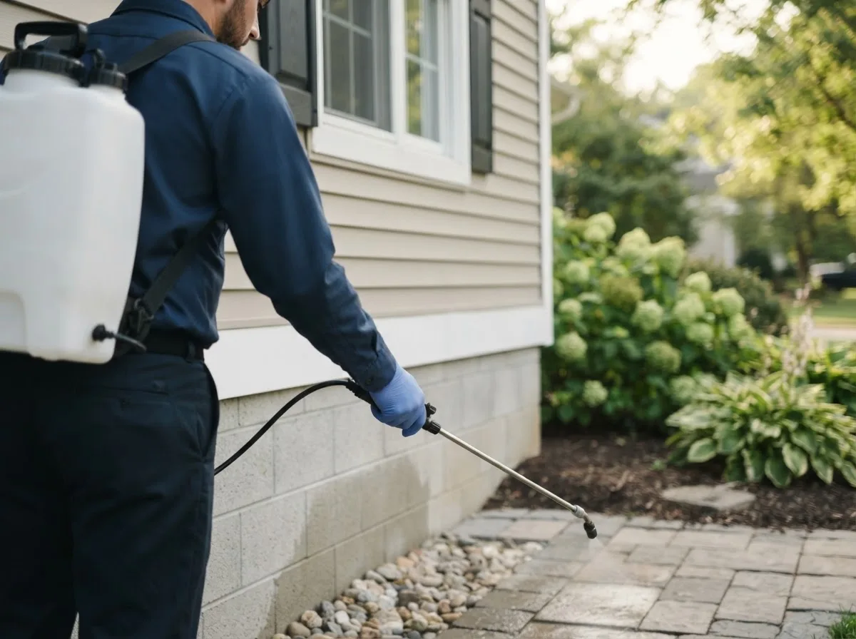 Pest control technician inspecting a home in Jet, OK